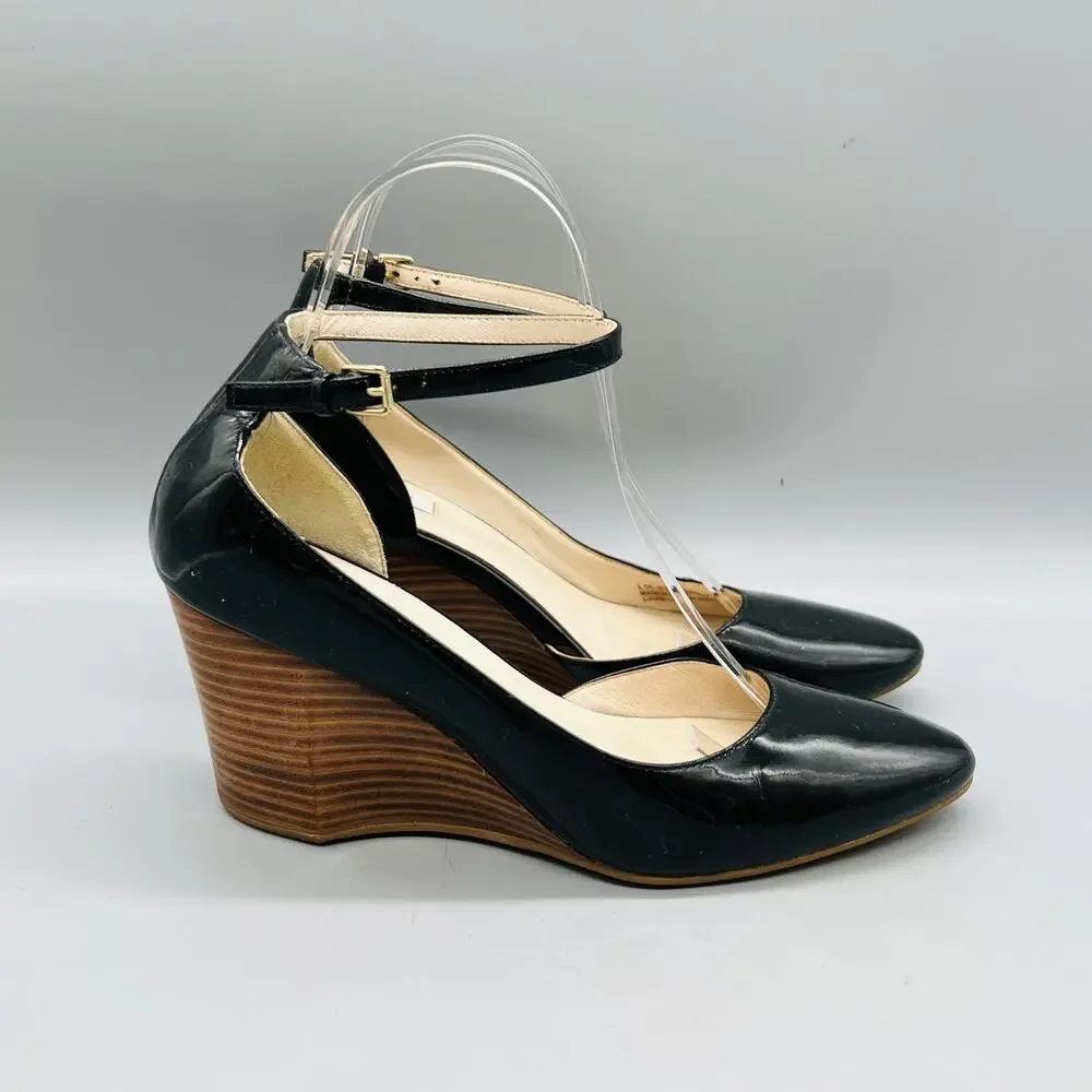Cole Haan Shoes Womens 6.5 Black Patent Leather Lacey Ankle Strap Wedges Pumps